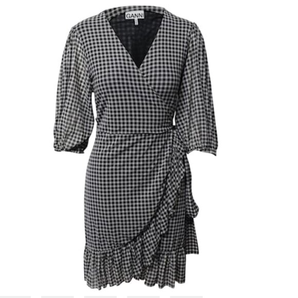 Ganni Black White Gingham Wrap Dress 36 V Neck Half Sleeve - Picture 7 of 7